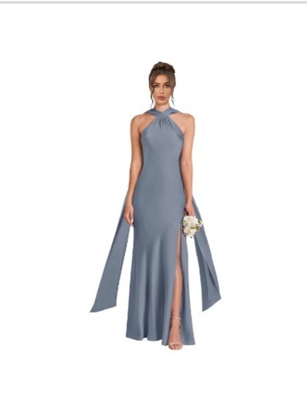 Halter Dress Dusty Blue Evening Wedding MOG MOB Satin Gown with Front Slit NWT